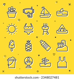 Set line Sleeveless T-shirt, Sand castle, Tourist tent, Yacht sailboat, Swimsuit, Sun, Ice bucket and Barbecue grill icon. Vector