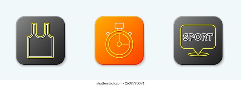 Set line Sleeveless T-shirt, Stopwatch and Location gym icon. Vector