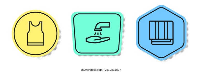 Set line Sleeveless T-shirt, Washing hands with soap and Towel stack. Colored shapes. Vector