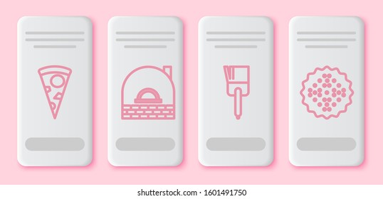 Set line Slice of pizza , Brick stove , Kitchen brush  and Cracker biscuit . White rectangle button. Vector