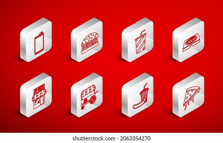 Set line Slice of pizza, Burger, Glass with water, Pizza in cardboard box, Soda and hotdog, Aluminum can, Fast street food cart and Pizzeria building facade icon. Vector