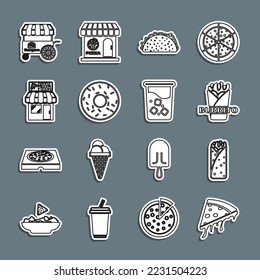 Set line Slice of pizza, Burrito, Taco with tortilla, Donut, Pizzeria building facade, Fast street food cart and Glass water icon. Vector