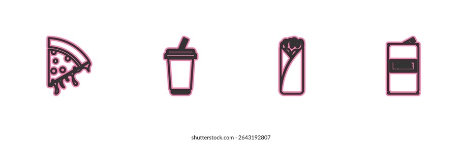 Set line Slice of pizza, Burrito, Glass with water and Beer can icon. Vector