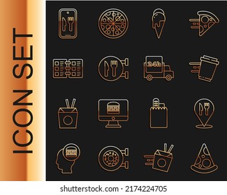 Set line Slice of pizza, Cafe and restaurant location, Coffee cup to go, Ice cream, Restaurant cafe menu, Online ordering delivery and Fast by car icon. Vector