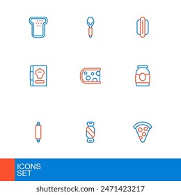 Set line Slice of pizza, Candy, Rolling pin, Jam jar, Cookbook, Cheese, Hotdog and Spoon icon. Vector