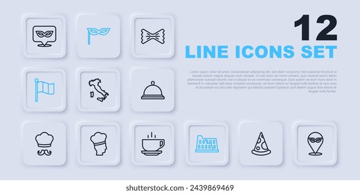 Set line Slice of pizza, Carnival mask, Map Italy, Coliseum, Flag, Italian cook,  and Coffee cup icon. Vector