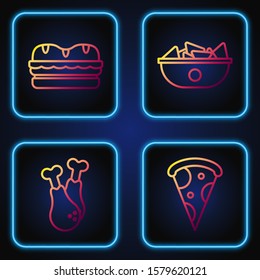 Set line Slice of pizza, Chicken leg, Sandwich and Nachos in plate. Gradient color icons. Vector