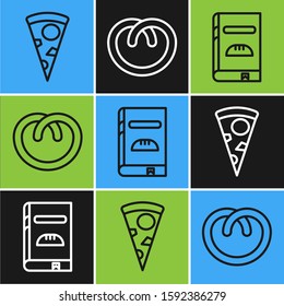 Set line Slice of pizza , Cookbook  and Pretzel  icon. Vector