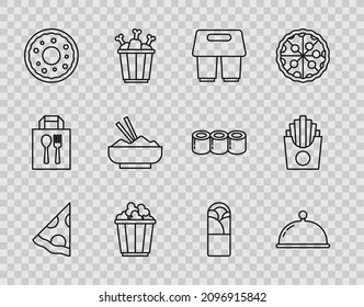 Set line Slice of pizza, Covered with tray, Coffee cup to go, Popcorn in box, Donut, Rice bowl chopstick, Doner kebab and Potatoes french fries icon. Vector