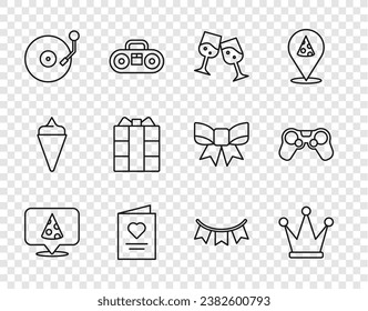Fijar la línea Pieza de pizza, Corona, Vidrio champán, Postcard con corazón, disco de jugador de vinilo, caja de regalo, banderas de garland de carnaval e ícono de Gamepad. Vector
