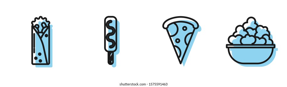 Set line Slice of pizza, Doner kebab, Ice cream and Popcorn in bowl icon. Vector