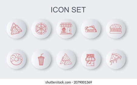 Set line Slice of pizza, Donut, Pizzeria building facade, Nachos, Pizza, Glass with water and  icon. Vector