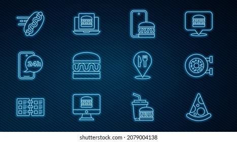 Fijar la línea Pieza de pizza, Donut, Pedidos y entregas en línea, Burger, Comida, hotdog, la ubicación del restaurante Cafe y el icono de la hamburguesa. Vector
