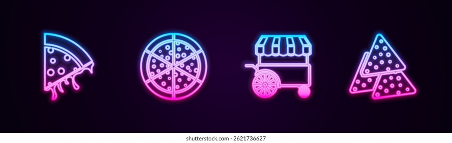 Set line Slice of pizza, Pizza, Fast street food cart and Nachos. Glowing neon icon. Vector