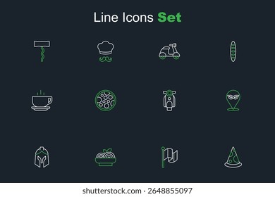 Set line Slice of pizza, Flag Italy, Pasta spaghetti, Roman army helmet, Carnival mask, Scooter, Pizza and Coffee cup icon. Vector