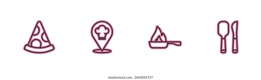 Set line Slice of pizza, Frying pan, Chef hat with location and Knife and spoon icon. Vector