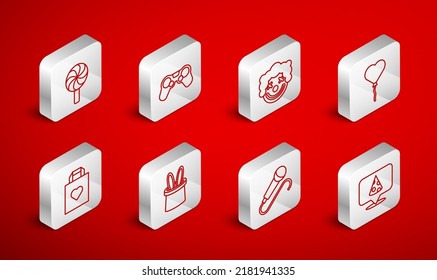 Set line Slice of pizza, Gamepad, Clown head, Balloons in form heart, Microphone, Lollipop, Magician hat and rabbit ears and Shopping bag with icon. Vector