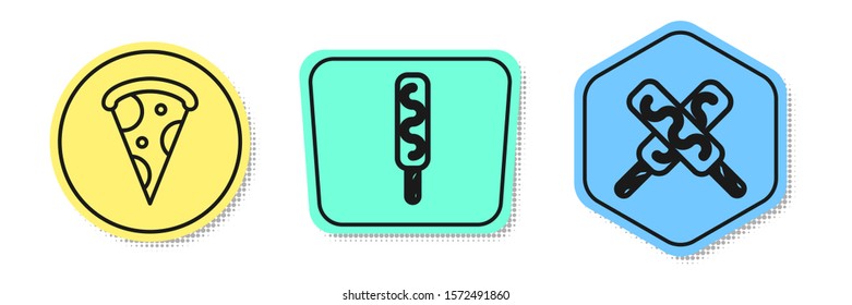 Set line Slice of pizza, Ice cream and Ice cream. Colored shapes. Vector