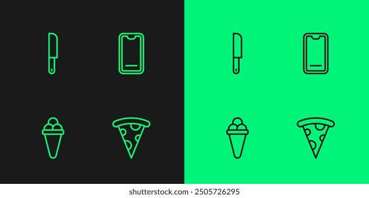 Set line Slice of pizza, Ice cream in waffle, Knife and Food ordering on mobile icon. Vector