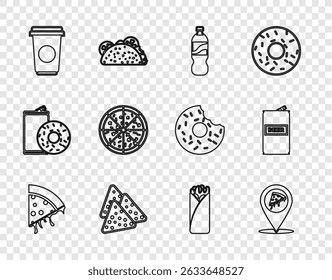 Set line Slice of pizza, Location with slice, Bottle water, Nachos, Coffee cup, Pizza, Burrito and Beer can icon. Vector
