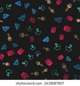 Set line Slice of pizza, Nachos in plate, Pizza knife and Pizzeria building facade on seamless pattern. Vector