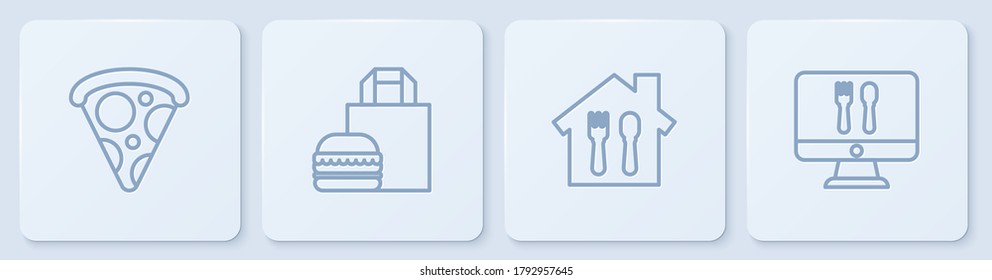 Set line Slice of pizza, Online ordering and delivery, burger and . White square button. Vector