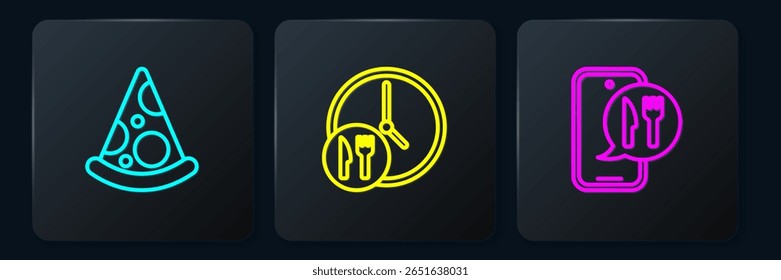 Set line Slice of pizza, Online ordering and delivery and Round the clock. Black square button. Vector