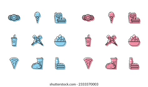 Set line Slice of pizza, Paper glass and taco with tortilla, Donut sweet glaze, Bottle water burger, Ice cream, Popcorn in bowl, drinking straw and waffle cone icon. Vector