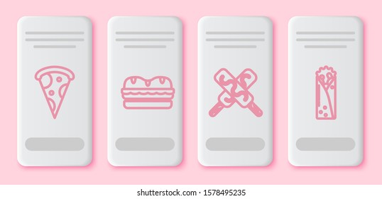 Set line Slice of pizza, Sandwich, Ice cream and Doner kebab. White rectangle button. Vector