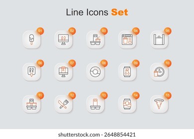 Set line Slice of pizza, Soda can, Coffee cup to go, Crossed knife and fork, Round the clock delivery,  and Donut icon. Vector