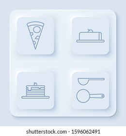 Set line Slice of pizza , Strawberry cheesecake slice, Stack of pancakes  and Measuring spoon . White square button. Vector
