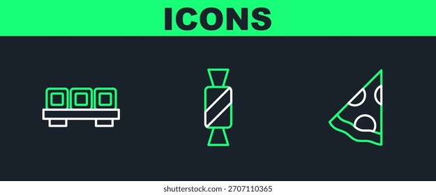 Fije la línea Rebanada de pizza, sushi en la tabla de cortar y el icono del caramelo. Vector