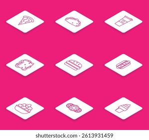 Set line Slice of pizza, Taco with tortilla, Paper glass and water, Sandwich, Burger, Hotdog sandwich mustard, Popcorn in bowl and Donut sweet glaze icon. Vector