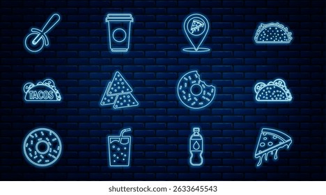 Set line Slice of pizza, Taco with tortilla, Location slice, Nachos, Pizza knife, Donut and Coffee cup icon. Vector