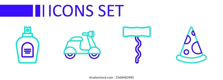 Set line Slice of pizza, Wine corkscrew, Scooter and Perfume icon. Vector