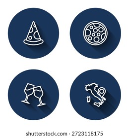Set line Rebanada de pizza, pizza, copa de vino y mapa de Italia con sombra larga. Botón de círculo azul. Vector