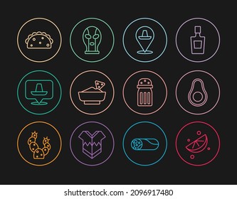 Set line Sliced lime, Avocado fruit, Mexican sombrero, Nachos in bowl, Taco with tortilla, Salt and wrestler icon. Vector