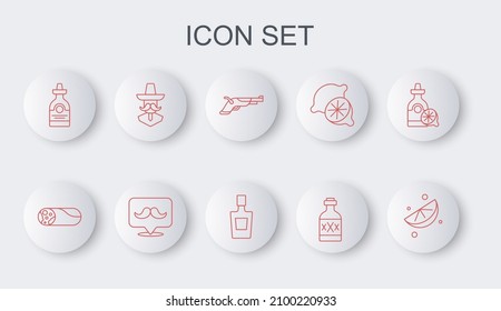 Set line Sliced lime, Burrito, Vintage pistols, Tequila bottle, Mexican man sombrero, Mustache and  icon. Vector