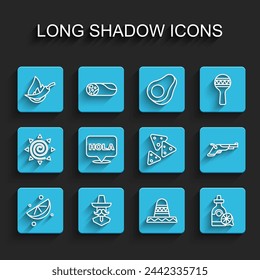 Set line Sliced lime, Mexican man sombrero, Hot chili pepper pod, Tequila bottle with lemon, Hola, Vintage pistols and Nachos icon. Vector