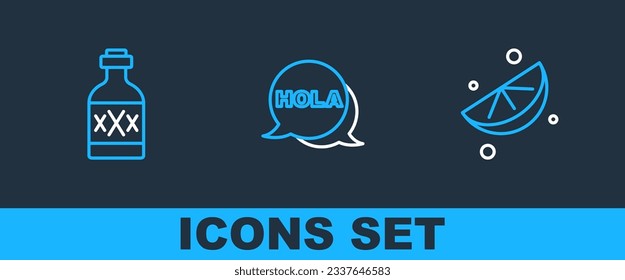 Set line Sliced lime, Tequila bottle and Hola icon. Vector