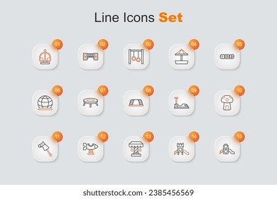 Set line Slide playground, Attraction carousel, Swing plane, Toy horse, Mushroom house, Bumper and Monkey bar icon. Vector