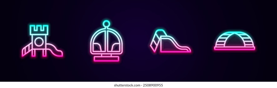 Set line Slide playground, Attraction carousel,  and Monkey bar. Glowing neon icon. Vector