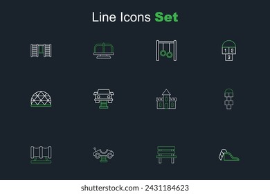 Set line Slide playground, Bench, Swing car, Kid slide pipe, Hopscotch, Sand castle,  and Playground climbing equipment icon. Vector