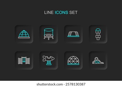 Set line Slide playground, Playground climbing equipment, Swing plane, Swedish wall, Hopscotch, Monkey bar, Jumping trampoline and  icon. Vector