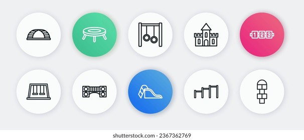 Set line Slide playground, Education logic game, Swings for kids, Sport horizontal bar, Sand castle, Gymnastic rings, Hopscotch and Playground bridge icon. Vector