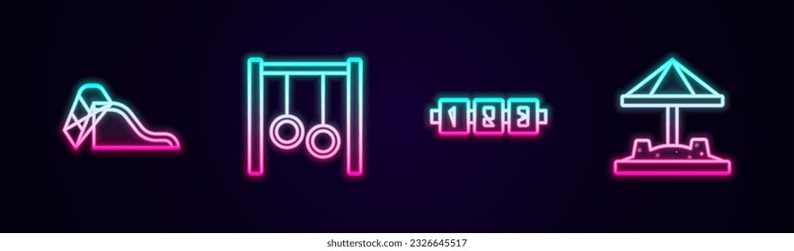 Set line Slide playground, Gymnastic rings, Education logic game and Sandbox with sand. Glowing neon icon. Vector