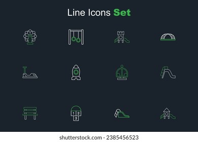 Set line Slide playground, Hopscotch, Bench, Attraction carousel, Rocket ship toy and Bumper icon. Vector