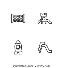Set line Slide playground, Rocket ship toy, Education logic game and  icon. Vector