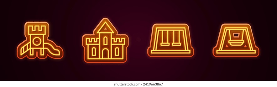 Set line Slide playground, Sand castle, Swings for kids and . Glowing neon icon. Vector