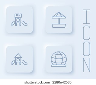 Set line Slide playground, Sandbox with sand,  and Playground climbing equipment. White square button. Vector